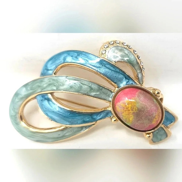 Source Unknown Jewelry - Vintage Enamel Gold-Tone Colorful Gemstone Brooch With Rhinestones